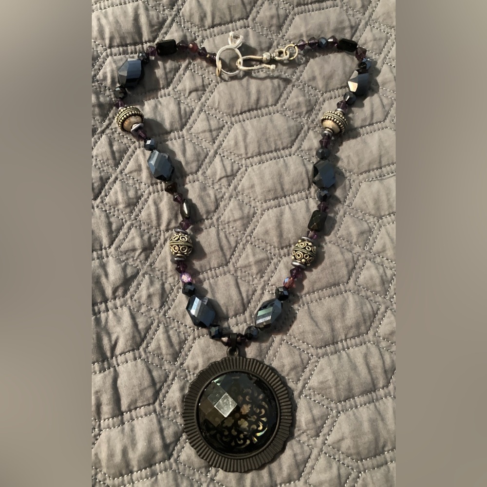 Handmade goth type necklace, 18”, rich colors, brass with dark blue & black hues